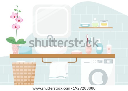 Vector illustration of a bathroom in pleasant colors. Sink, mirror, flower, cosmetics, towel, washing machine.