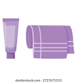 Ilustración vectorial del icono del juego de baño con el tubo cosmético y las toallas ideales para el cuidado de la piel, la belleza, el cuidado del cuerpo, y conceptos de diseño relacionados con la higiene
