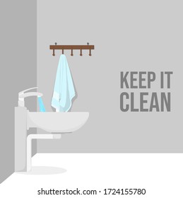 vector illustration of Bathroom with sink, faucet, towel and hook. good for clean template design.