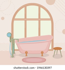 Vector illustration: bathroom. There is a bathtub with a faucet, a stool and a window.