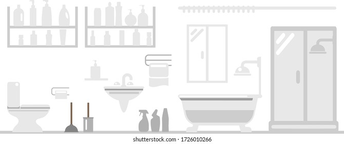 vector illustration of a bathroom and toilet. Toilet bowl, sink, household chemicals and everything necessary for human life in the apartment for hygiene. Plumbing and interior bathroom and toilet