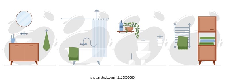 Vector illustration of bathroom and toilet interior design. Bathroom furniture and bathroom accessories: cabinet, sink, mirror, bath with shower faucet and screen, toilet bowl and heated towel rail.