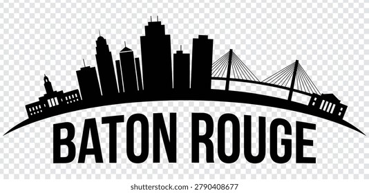 Vector illustration of the Baton Rouge city skyline, featuring iconic buildings and the Mississippi River bridge, isolated on a transparent background.