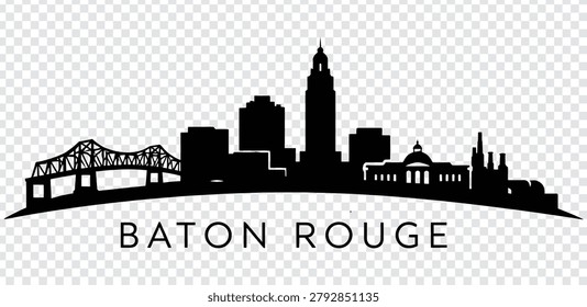 Vector illustration of the Baton Rouge city skyline, featuring iconic buildings and the Horace Wilkinson Bridge, isolated silhouette design.