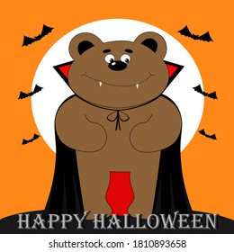 Vector illustration with bats and cute pleased bear dressed up as vampire with fangs and cloak, in dracula costume on moon background. Halloween greeting card.