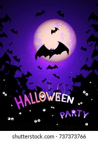 Vector illustration with bats, eyes and text Halloween Party on the night sky background with full moon and magic flame. Hand drawn lettering.