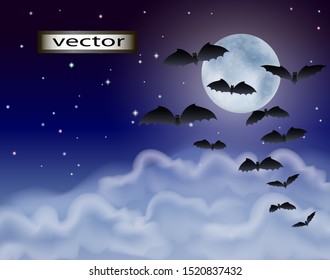 Vector illustration of bats high in the sky on the background of the moon in the full moon dark blue clouds