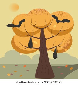 Vector illustration of bats on the tree, halloween, season, postcard, fall