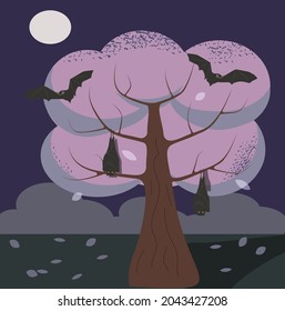 Vector illustration of bats on the tree, halloween, season, postcard, fall