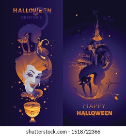vector illustration with bats, witches and black cat; halloween cards
