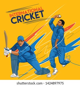 Vector illustration of batsman and bowler playing cricket championship sports 2019