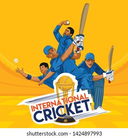 Vector illustration of batsman and bowler playing cricket championship sports 2019