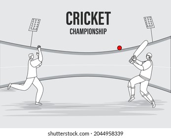 Vector Illustration Of Batsman Hitting The Ball Thrown By Bowler On Gray Stadium Background For Cricket Championship Concept.