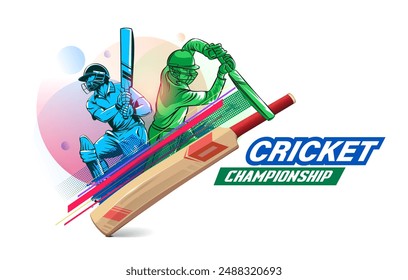 Vector illustration of batsman playing cricket. Batsman hitting the ball in action. Cricket championship vector Banner design.