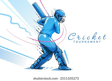 Vektorgrafik von Batsman, der Cricket spielt. Batsman schlägt den Ball in Aktion. Cricket-Turnier Banner-Design-Konzept auf isoliertem Hintergrund