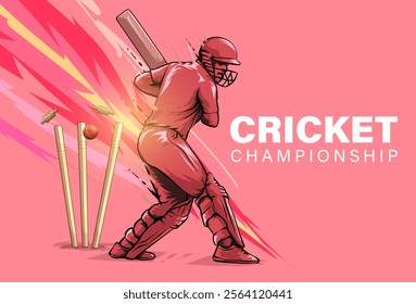 Vector illustration of batsman playing cricket. Batsman hitting the ball in action. Cricket tournament Banner design on isolated background