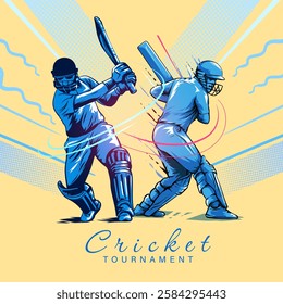 Vector illustration of batsman playing cricket. Batsman hitting the ball in action. Cricket tournament Banner design concept on yellow background