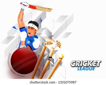 Vector illustration of batsman in winning pose with cricket equipments on abstract white background.