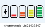 Vector illustration of battery charge levels and charging icons, representing energy efficiency and sustainability. Ideal for eco-friendly technology and green energy concepts.