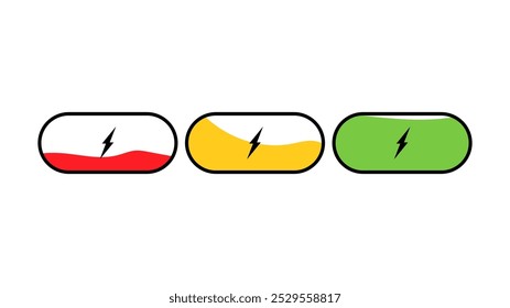 Ilustração vetorial. Ícones da bateria definidos. Carga da bateria de baixa para alta. Nível de carga do telefone, coleção colorida de poder de carga. Design para ícones, elementos de design, símbolo. 