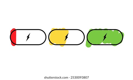 Vector illustration. Battery icons set. Battery charge from low to high. Phone charge level, colorful collection of charge power. Design for icons, design elements, symbol. 