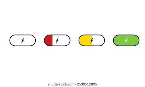 Vector illustration. Battery icons set. Battery charge from low to high. Phone charge level, colorful collection of charge power. Design for icons, design elements, symbol. 