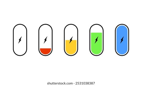 Vector illustration. Battery icons set. Battery charge from low to high. Phone charge level, colorful collection of charge power. Design for icons, design elements, symbol. 