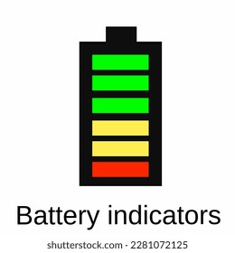 Vector illustration. Battery indicator with full bar position, with red, yellow, and green bar markings. Isolated on white background