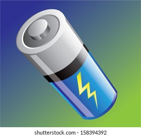 Vector illustration of a battery, isolated on green-blue background.