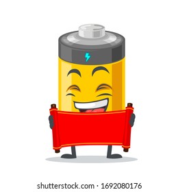 vector illustration of battery mascot or character holding blank red scroll