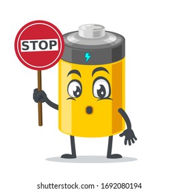 Vektorillustration Illustration von Akku-Maskottchen oder Zeichen-Halteschild sagt Stopp