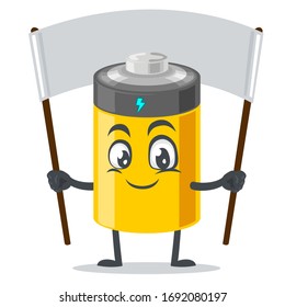 vector illustration of battery mascot or character holding blank white banner