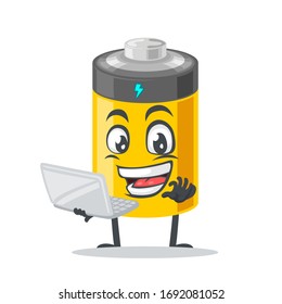vector illustration of battery mascot or character presentation with laptop