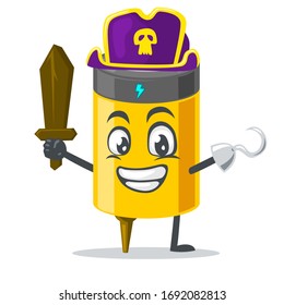 vector illustration of battery mascot or character wearing pirates costume and holding wooden sword