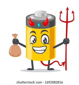 vector illustration of battery mascot or character wearing devil costume and holding trident