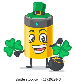 vector illustration of battery mascot or character wearing shamrock hat