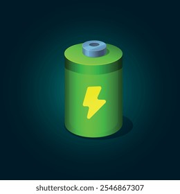 Ilustración vectorial con batería sobre fondo oscuro. Batería verde. Recargo completo.