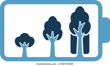 Vector illustration of a battery with tree silhouettes in shades of blue on isolated white background, symbolizing eco-friendly energy