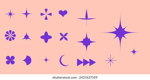 Vector illustration. Bauhaus. Abstract modern geometric shape silhouettes, purple brutalism forms on pastel background. Drawn minimalist style. Contemporary figures stars, flowers decoration elements