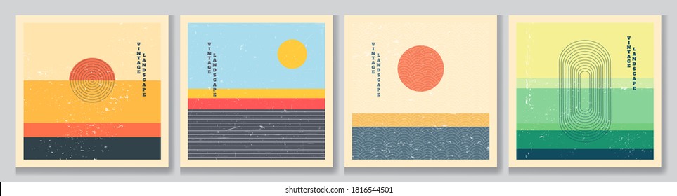Vector illustration. Bauhaus. Mid century modern graphic. 70s retro funky graphic. Grunge texture. Minimalist landscape set. Abstract shapes. Design elements for social media, blog post, banner, card - Shutterstock ID 1816544501