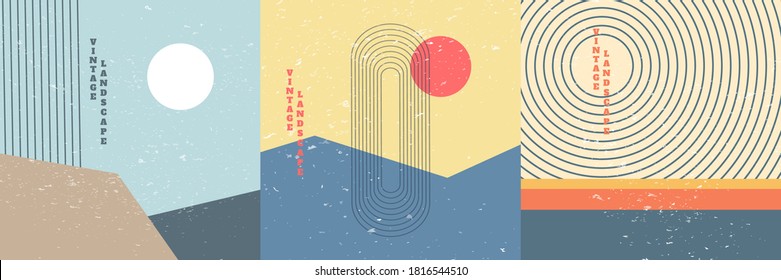 Vector illustration. Bauhaus. Mid century modern graphic. 70s retro funky graphic. Grunge texture. Minimalist landscape set. Abstract shapes. Design elements for social media, blog post, banner, card