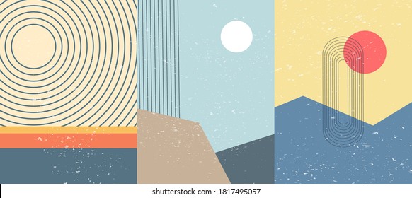 Vector illustration. Bauhaus. Mid century modern graphic. Grunge texture. Minimalist landscape set. Abstract shapes. Design elements for poster, book cover, brochure, magazine, presentation, card