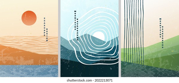 Vector illustration. Bauhaus. Mid century modern graphic. 70s retro funky graphic. Grunge texture. Minimalist landscape set. Abstract shapes. Design elements for poster, postcard, book cover, layout