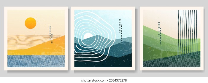 Vector illustration. Bauhaus. Mid century modern graphic. 70s retro funky graphic. Grunge texture. Minimalist landscape set. Abstract shapes. Design elements for web banner, social media template