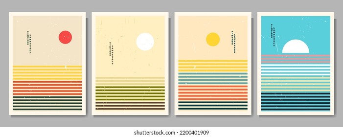 Vector illustration. Bauhaus. Mid century modern graphic. 60s retro funky graphic. Grunge texture. Minimalist landscape set. Abstract shapes. Design elements for poster, invitation card, book cover