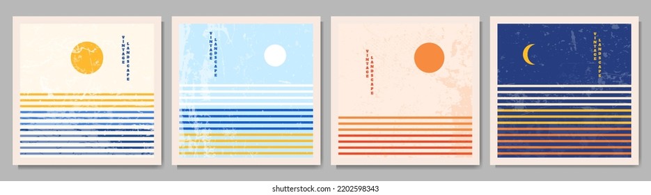 Ilustración vectorial. Bauhaus. Gráfico moderno de mediados de siglo. Gráfica retro funky de los años 70. Grunge textura. Conjunto de paisajes minimalista. Formas abstractas. Elementos de diseño para publicación en medios sociales, publicidad en la web