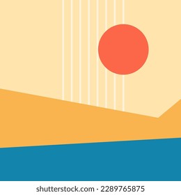 Vector illustration. Bauhaus. Mid century modern graphic. 70s retro or vintage Minimalist landscape. Abstract shapes sun and mountain