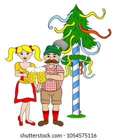 Ilustración vectorial de una pareja bávara con dirndl y lederhosen frente a un mástil