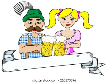 vector illustration of a Bavarian couple with Oktoberfest beer and banner