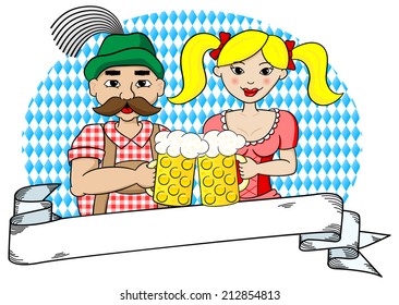 vector illustration of a bavarian couple with oktoberfest beer and banner